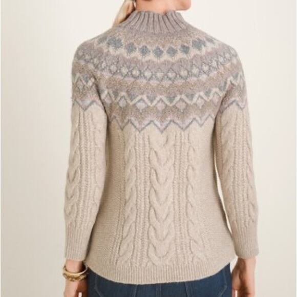 Chico's Fair Isle Sweater Womens M Beige Cotton Cable Knit Cozy Cottagecore - Picture 2 of 7